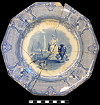 Printed underglaze refined white earthenware 10-sided plate with classical motif pattern named “Corrella”. Printed manufacturer’s mark on reverse for W. Barker & Son, Staffordshire (1850-1860).